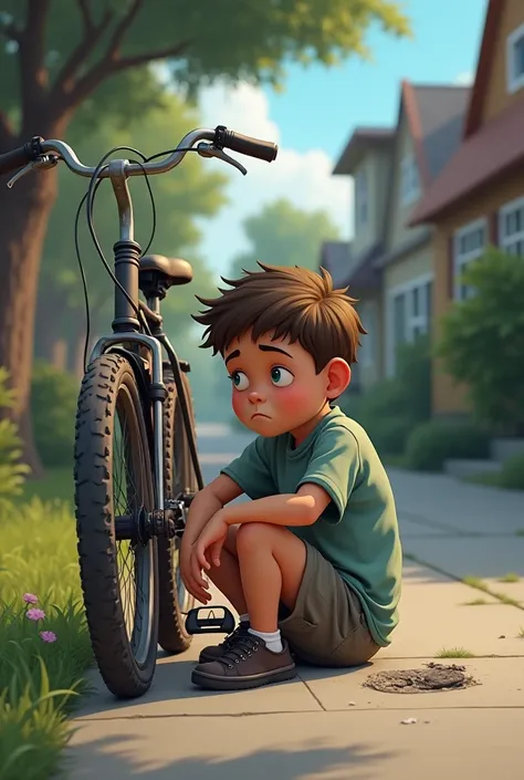 A boy is sad because the tire of his cycle is punctured. He cannot ride it anymore