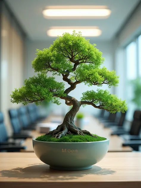 (realistic) a book with a cover about botany, cover showing a bonsai with a text: "green", OFFICE BACKGROUND