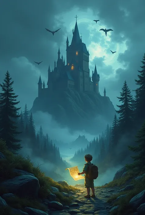 Imagine a scene where Lucas, a brave young man with a backpack, is located in a mystical realm. He is standing in front of a dark castle on top of a mountain, surrounded by a dense forest. The sky is covered by dark clouds, but a magical light emanates fro...