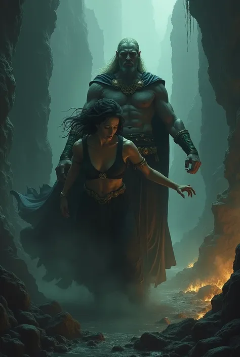 Hades emerging from the shadows of the underworld, holding Persephone&#39;s hand as she tries to escape, with the sinister underworld in the background.