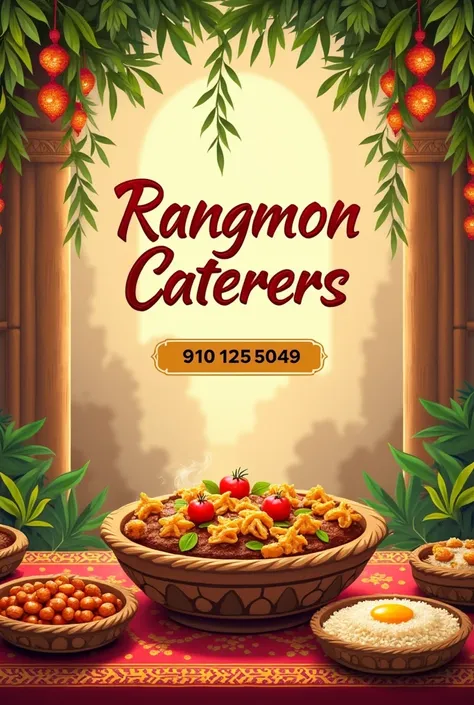 Catering services ad in Assamese style
 , Catering service name is Rangmon caterers.. contact number 9101255049...give contact number and change the style to Assamese style wedding 