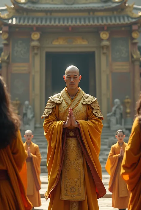 A handsome bald monk，Wearing a golden armor with some delicate dragon patterns，Put your left hand together and place it in front of your chest，Right hand behind your back，Facing the camera head on，Behind him is an ancient Buddhist temple，There is a group o...