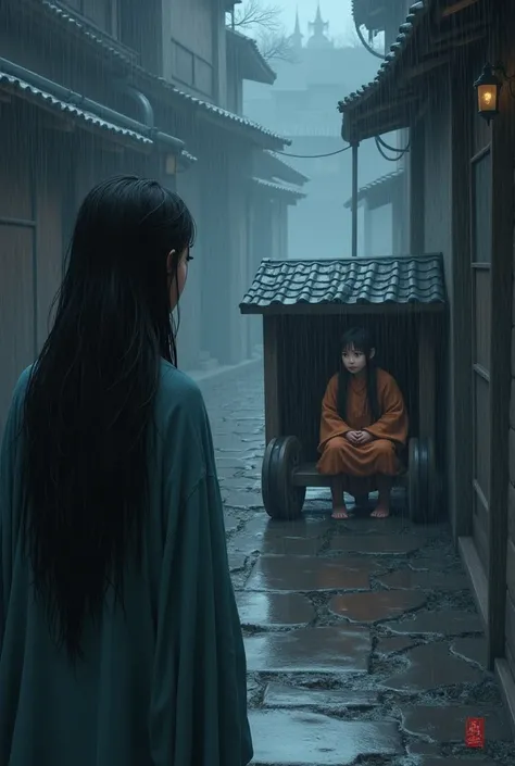  Xingxia world ten years, long hair, watching as another ten-year-old with long hair and a robe hides from the rain under a cart in a town alley at dusk 