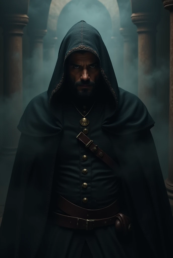 A mexican man with Dark hair and Dark eyes. He wears black medieval clothes. Hes sorounded by shadows.