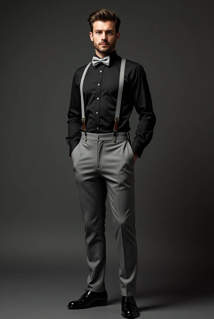 Barber uniform, that represents elegance black shirt and thin gray suspenders in its entirety with a light gray bow tie and gray pants and black patent leather shoes for men