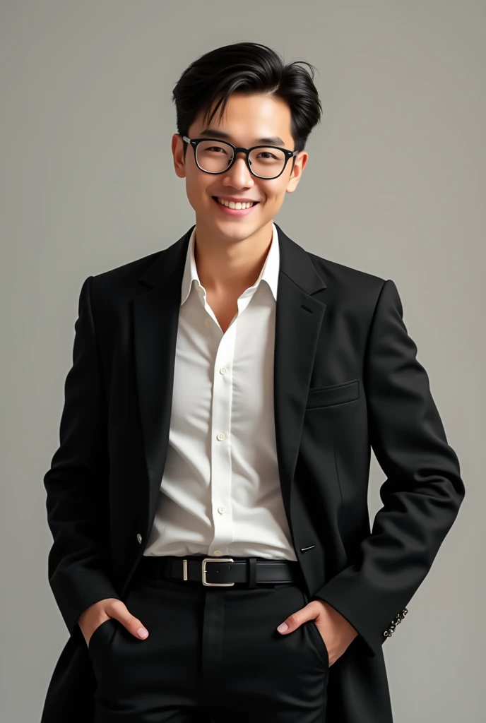 Realist, Malaysian Chinese, Smile ， Casual wear, Oxford Shirt, Black elegant jacket，Elegant & Fashionable ，Silver-rimmed glasses，3，Average build