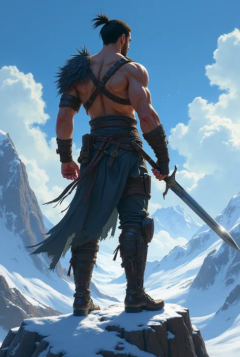 A young man who is a warrior but he is alone nd happy he stand  on mountain in back pose with his sword