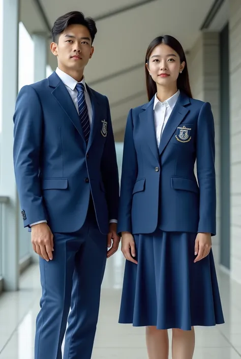 Make me a school uniform with two people, a man and a woman, and the colors of the uniform are BLUE AND WHITE, and neither the man nor the woman should have a jacket. 