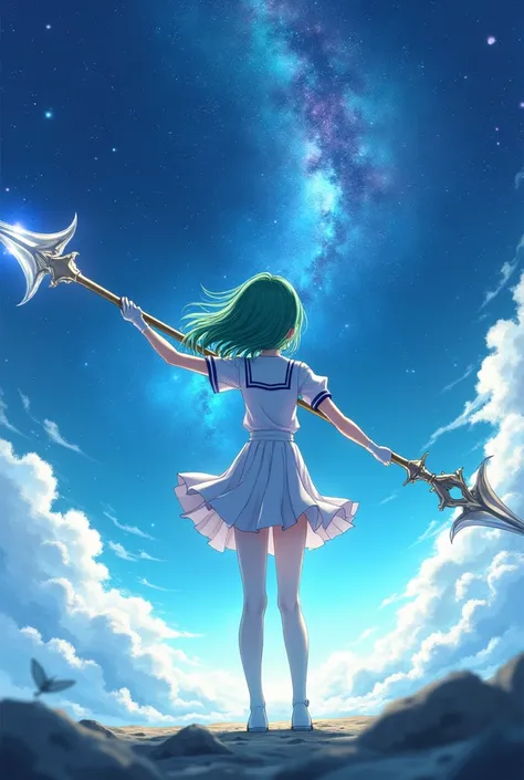 Night sky，White short-sleeved school uniform，White pleated skirt，white pantyhose，White Gloves，Green long hair anime girl，huge magic spear