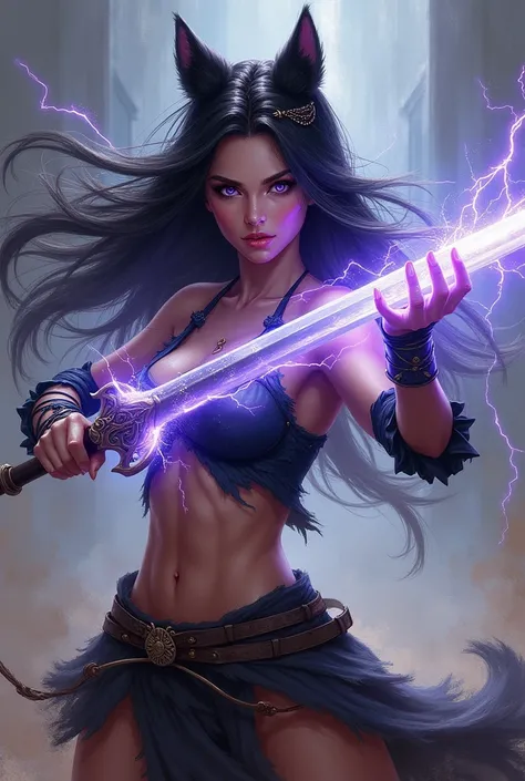 A beautiful woman warrior with long black hair , she was too stunning holding a magic and wearing a black suit dress like she was fighting but whenever she shoot it cones out a lighting thunder

Hair Between Eyes, Very Long Hair, Cowboy Shot, Wolf Ears, Ac...