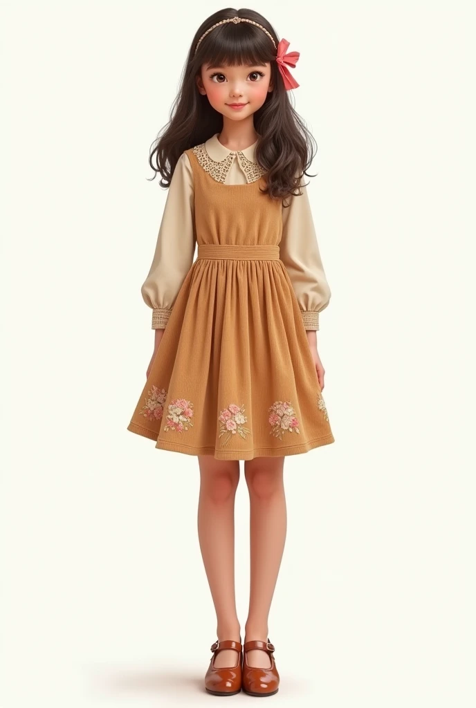 A girl in a knee-length dress made of corduroy with a print of tiny flowers , Long sleeves and a crochet Peter Pan collar . With patent leather shoes . With a white background 