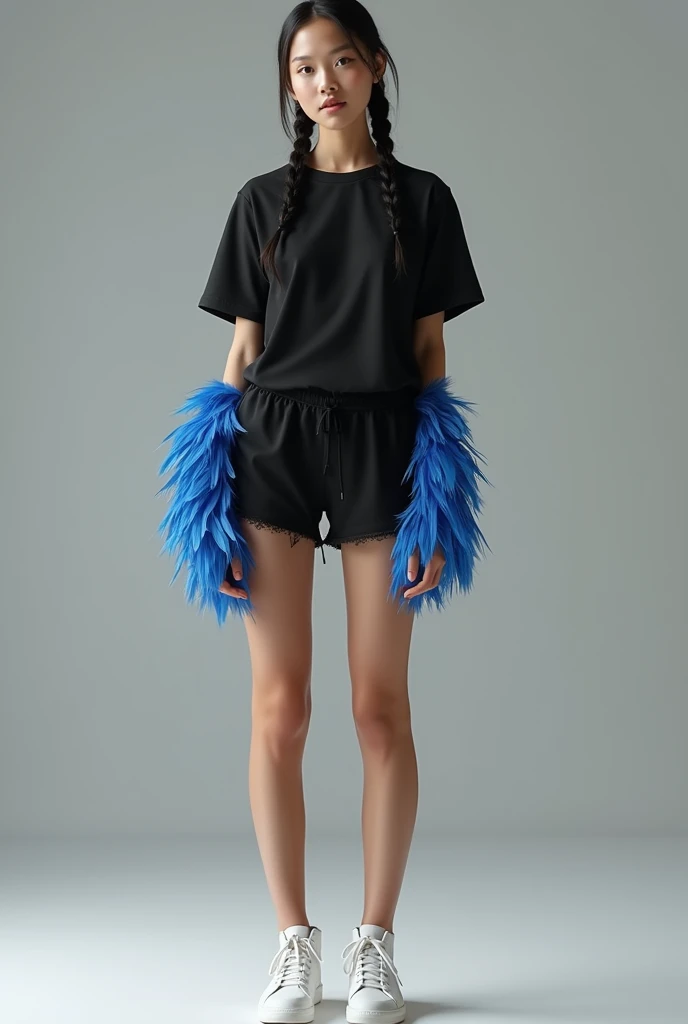 (photorealism:1.2), woman body, wearing black plain shirt and wearing black plain shorts, with white shoes, there will be blue feathers design around both wrists, the hair is braid 4x