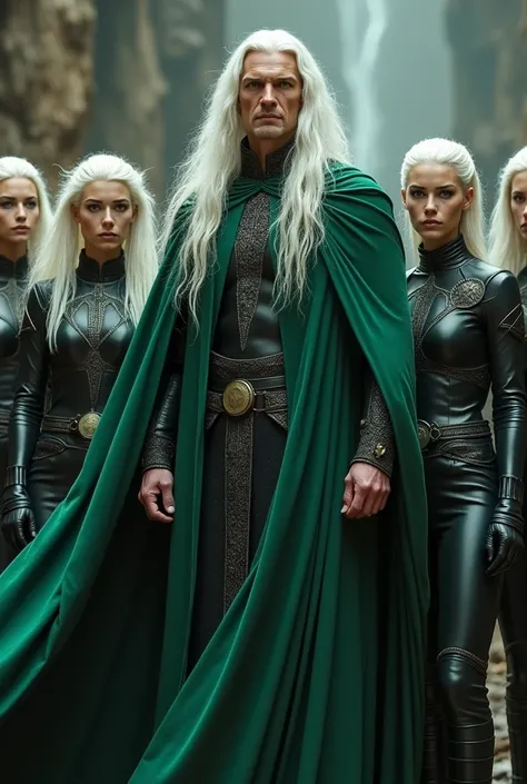 a group of people, a strong man, 2, beautiful,  white haired black eyes, wearing like Aegon the Conqueror a green Dracula style cape.  all with white hair,  women wearing well-made and evolved clothes, like from a science fiction movie, black leather pants...