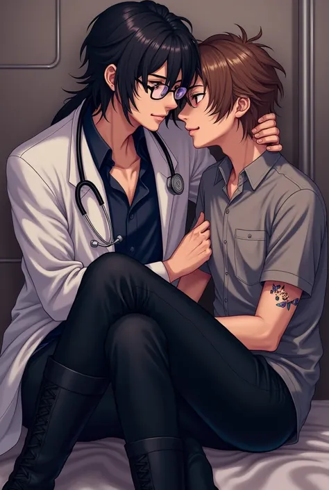  2 boys, one of them wears black pants, bota  de shigh, lab coat and long hair, stethoscope and glasses The other one has a nose piercing, Arm tattoos, tabby, high. The two are boyfriends and the cover is sexy.  É do universo boyslove