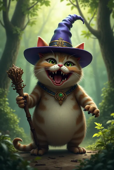 Chubby standing cat with magic hat and stick in hand in the forest and how it becomes a beast, brutally ugly, mean and evil