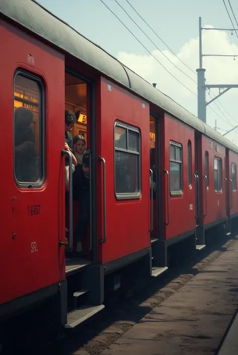 Here’s the updated prompt based on your request:

"A red and grey train coach similar to a sleeper coach, viewed from the side, with visible windows and open doors. The doors are open, showing grab handles hanging near the entrances. The train is connected...