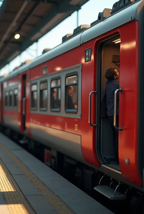 Here’s the updated prompt based on your request:

"A red and grey train coach similar to a sleeper coach, viewed from the side, with visible windows and open doors. The doors are open, showing grab handles hanging near the entrances. The train is connected...