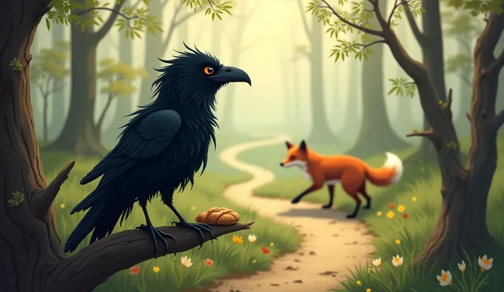 Scene 5: The Crow’s RealizationPrompt:
Describe the crow’s realization as it watches the fox walk away with the bread. Show the crow feeling embarrassed and regretful as it understands it has been tricked. Illustrate the crows thoughts about being fooled a...