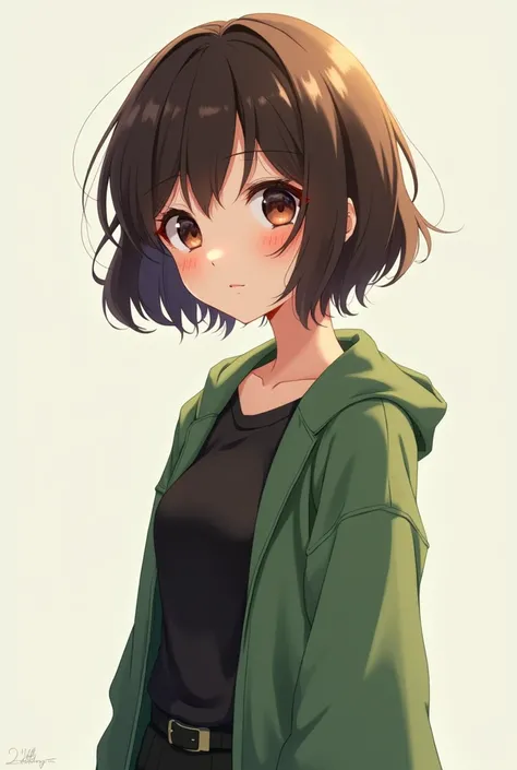 A short haired anime girl dark brown hair dark brown eyes green clothes she is  and she is very short she also wears black and she is very cute