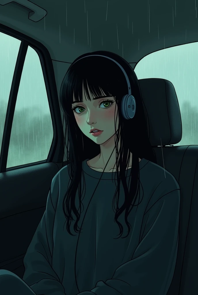 Scene from a book: Nicole a character described as "Long black hair without bangs, her eyes are caramel green and her skin is gloved white. She has full lips but her features are delicate, demonstrating the innocence within her core." She is inside a car i...