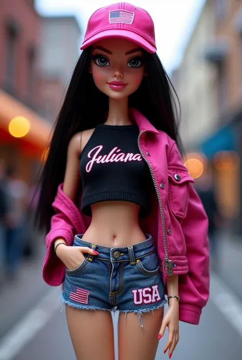 A bratz doll with straight black hair and white skin, She is wearing a pink cap and a black top with her name on it. "Juliana" and a jacket on the shoulder.
Usa shorts jeans 