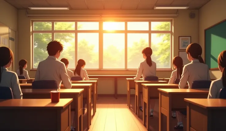 4k wallpaper, masterpiece, best quality, anime, classroom, cinematic, warm lighting, morning, windows, 8k high resolution