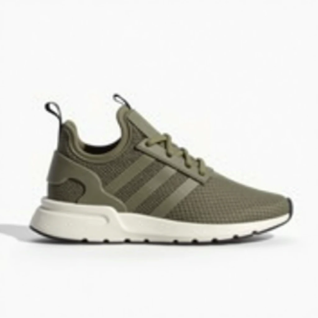 Adidas-inspired khaki sneakers, profile view, standing horizontally with a mesh design and sleek shape. The shoes should be shown on a white background, without shadows, without reflections in a clean and modern style.