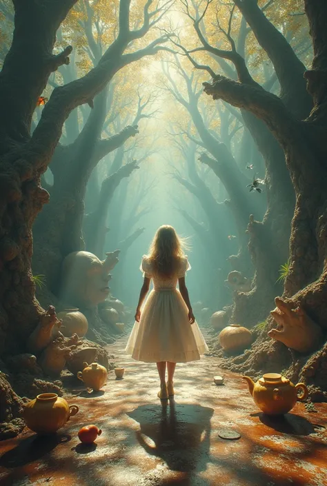 Alice is in the center of the image..(Alice in Wonderland,, interesting), everything is wrong in the world, Mad Tea Party, wrong perspective, wrong distance, very unbalanced, transparent dress, The psychedelic world, time interval is invalid, wrong up-down...