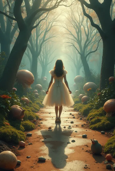 Alice is in the center of the image..(Alice in Wonderland,, interesting), everything is wrong in the world, Mad Tea Party, wrong perspective, wrong distance, very unbalanced, transparent dress, The psychedelic world, time interval is invalid, wrong up-down...