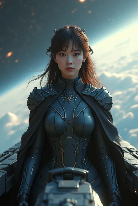 an asian beauty woman captain in cockpit of massive enormous 3000s Cyber Future cosmic imperium battleship flying palace, woman captain commander in 3000s plasma mecha uniform with shoulder rank and cape,detail Short thick Brown soft hair, future ultima he...