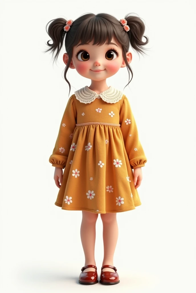 A girl in a knee-length dress whose features are :Made of corduroy with a print of tiny flowers , Long sleeves and a crochet Peter Pan collar . With patent leather shoes . With a white background