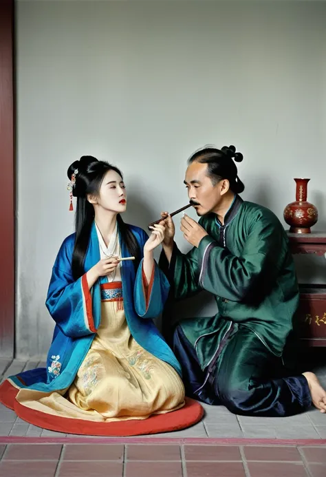 a man is making a young woman in a chinese dress smoke a suspicious drug through an opium pipe。the man holds an opium pipe in hi...