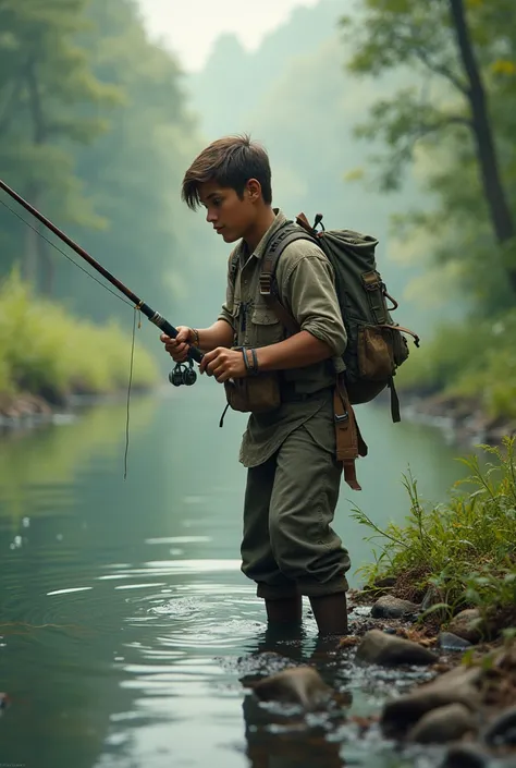 Fisherman on the banks of the river loking for fish.
Please make  him younger.