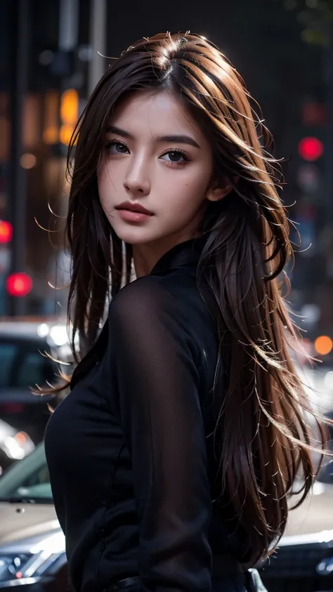 Master piece a poster of a beautiful woman with long brown hair Messy style, smooth skin, perfect face, perfect body, brown eyes, full body, futuristic, full head and hair, wearing black cloth with many expresion  procreate, 16k uhd Professional photograph...