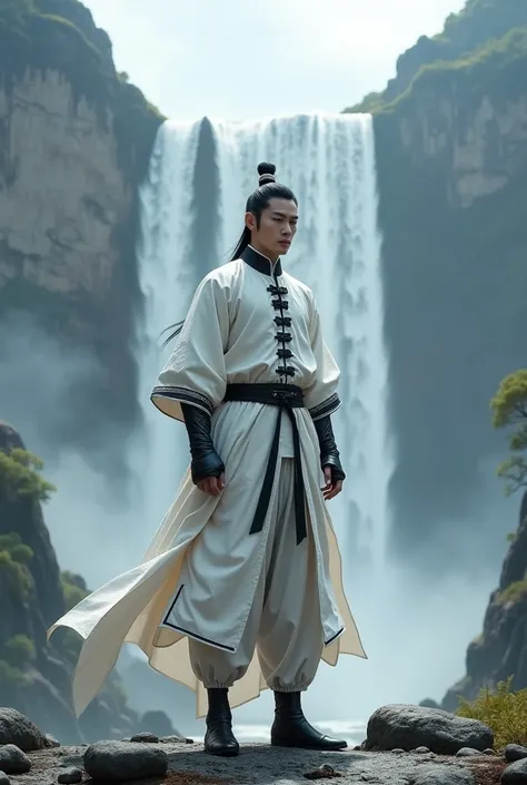 male man knight, Chinese features, high 1.72 meters, weight 53 kg, thin and slim, straight black hair down to mid-back with a tuft on the forehead, VISO LISCIO E without a beard, black eyes, He wears a white Chinese jacket with black lacing, a pair of whit...