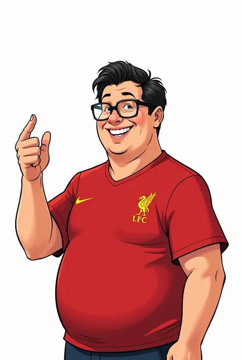 DC Comics Cartoon-style image of a slightly Portly youngman about 30 years old, with short hair black hair and smiling glasses in manga style, and making a minihardhand. He wore a red Liverpool shirt on the inside, The background is white. --ar 2:3