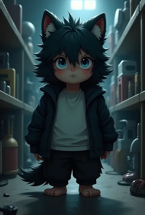 masterpiece, Best quality, Perfect anatomical structure, Bright eyes, Big watery eyes, Provided by RUHU1145, hairy, (black Wolf), fur(trigger:0.3)，boy, Solitary，Blue Eyes，Shy，Black pants，White shirt，(Chubby body)，Equipment room，Dark Room