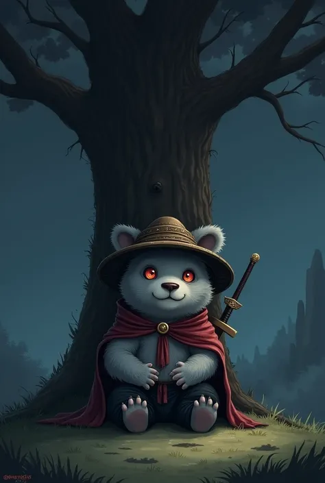 masterpiece, Best quality, Perfect anatomical structure, Bright eyes, Big watery eyes, Provided by RUHU1145, hairy, (Grizzlies)，boy，Gray fur，Red eyes，(Chubby body)，Relatively short height，Wearing a hat，Wearing a cape，Sword behind，Black pants，Sitting under ...