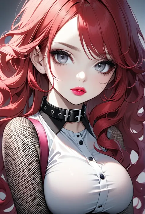 One teenage girl, with extremely long curly red hair, gray eyes, with pale skin, with eyeshadow, she is wearing shirt and skirt with blue, and a collar, with fishnets, she has big boobs, pretty pink lips.