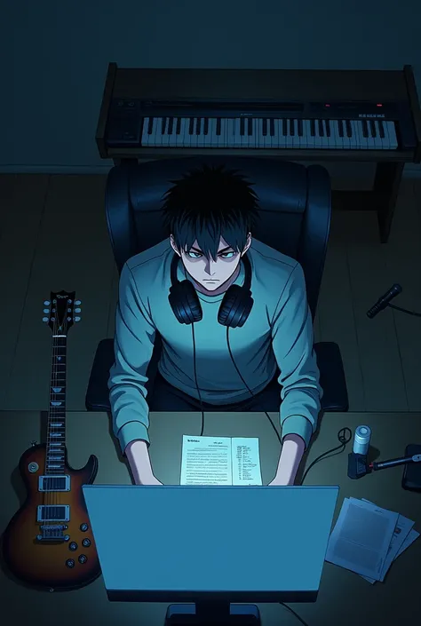 Male anime character sitting playing electric guitar top view side view On the table is an electric piano with and to the lyrics paper with a mic for singing A tired and listless face sitting in front of a computer screen in a rather dark room with the lig...