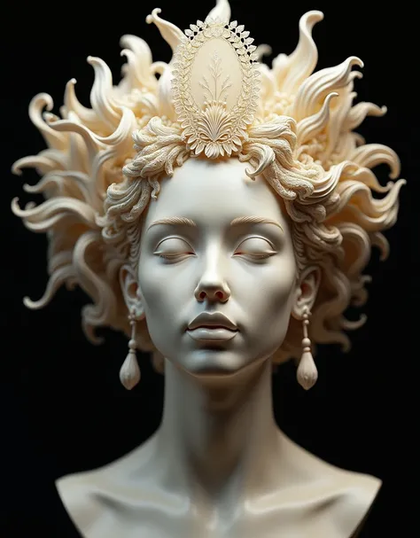 intricate ivory human head sculpture with lace-like headdress,(best quality,4k,8k,highres,masterpiece:1.2),ultra-detailed,(realistic,photorealistic,photo-realistic:1.37),detailed ornate headdress,extremely detailed facial features,flawless skin texture,orn...