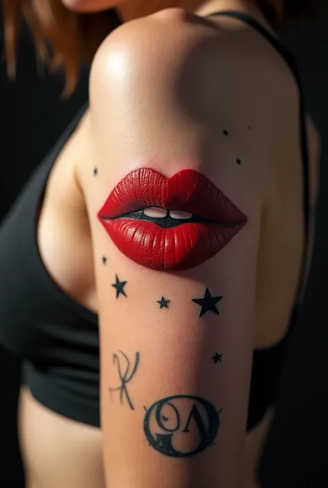 (HD, 4k, real, realistic and detailed) A part of a womans body, possibly the side or upper arm area, on which a tattoo of red lips stands out. The tattoo has a minimalist design, depicting lips imprinted with textured details that resemble a kiss mark. On ...