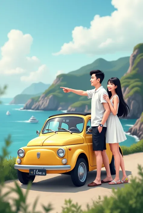 realistic photo, landscape photo showing a slightly overweight couple standing on a beach road with beautiful sea views and rocky cliffs in the background. The couple is seen smiling at the camera. The woman has long, straight black hair and wears a white ...