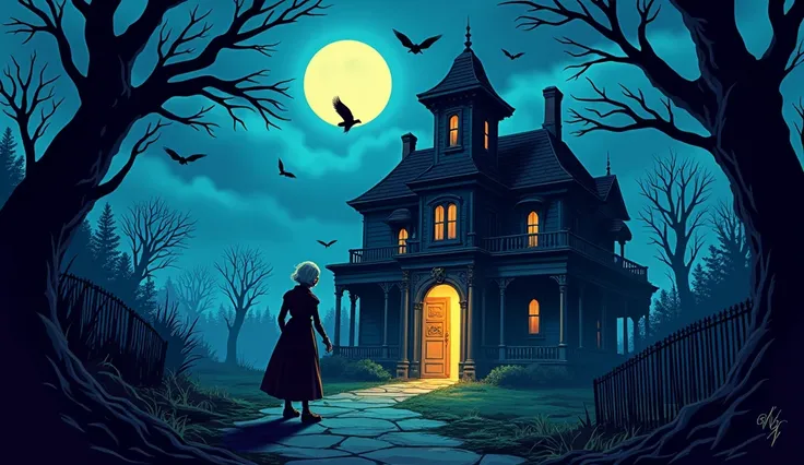 ***horror darkness night*** one old woman opened mansion door  cartoon 