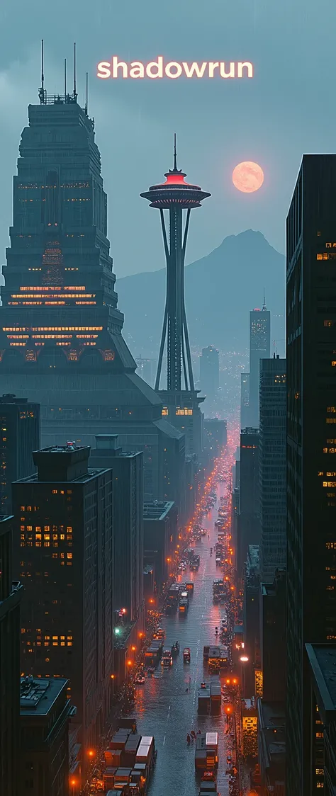 futuristic dark city, seattle, space needle, many high-rise buildings illuminated, far in the background an extinct mountain volcano, left side an Aztec step pyramid futuristic dark illuminated from below orange larger than the skyscrapers, right side larg...