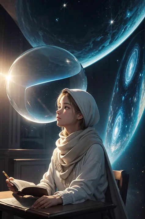 Picture a serene figure seated in a cozy, book-lined study that exists in a bubble of calm amidst cosmic chaos. Harmony has a warm, approachable presence, with eyes that seem to change color depending on the emotion of the scene theyre reading.
They wear c...