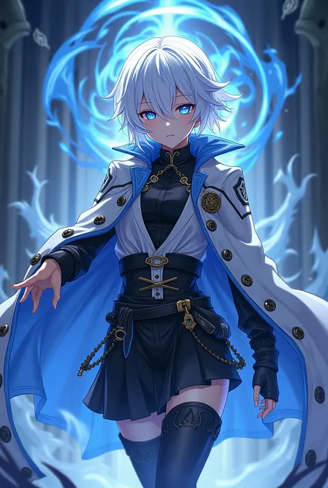 a magic-using anime character with white hair, black and white clothing, and blue eyes