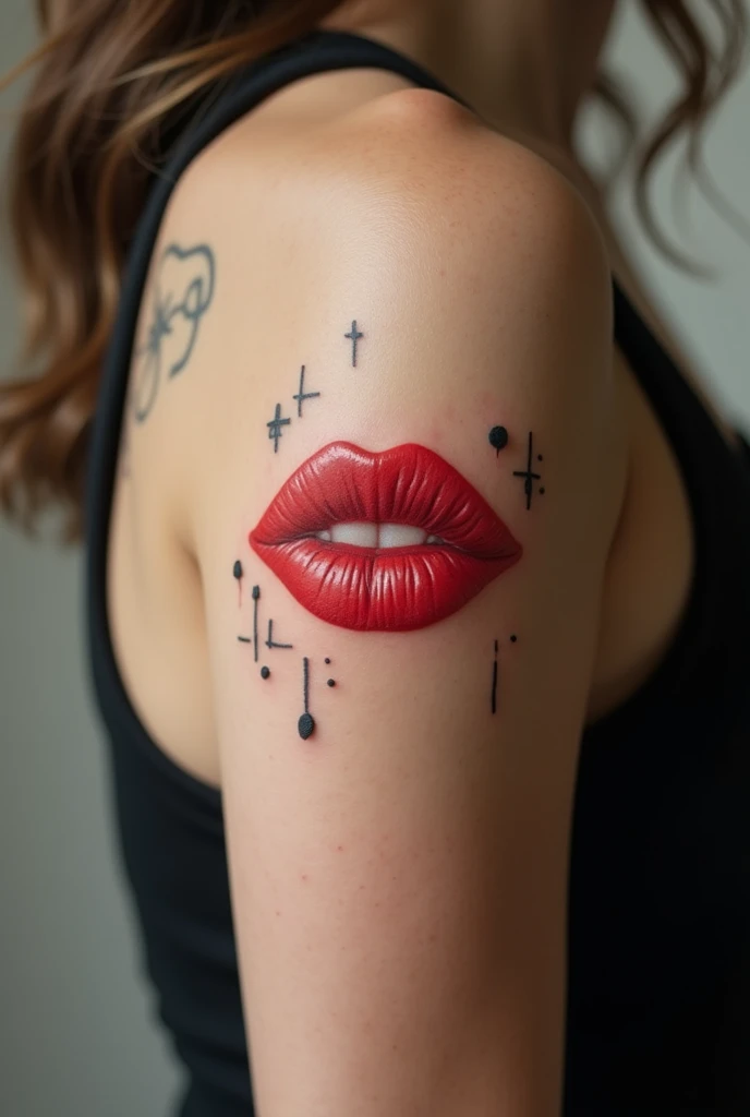 (HD, 4k, real, realistic and detailed) Part of a woman’s body, possibly the side or back area close to the left arm, featuring a red lips tattoo. The tattoo has a minimalist design, depicting lips printed with textured details reminiscent of a kiss mark, a...