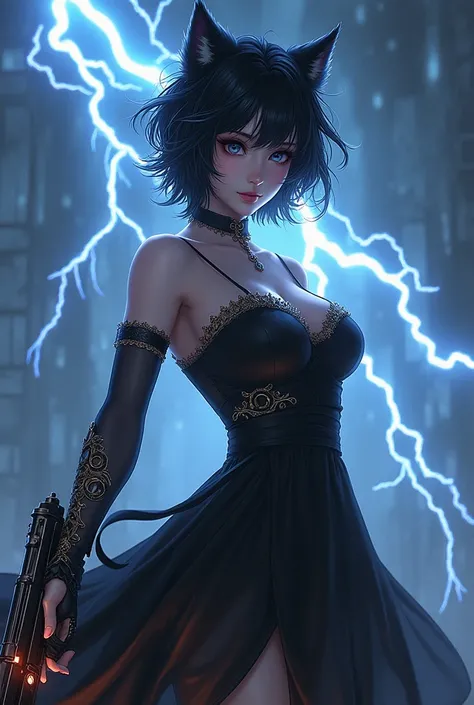 A beautiful woman warrior with black hair , she was too stunning holding a magic gun and wearing a beautiful black dress like she was fighting but whenever she shot with a gun it cones out a lighting thunder 

Closed Mouth, Short Hair, Ponytail, Hair Over ...