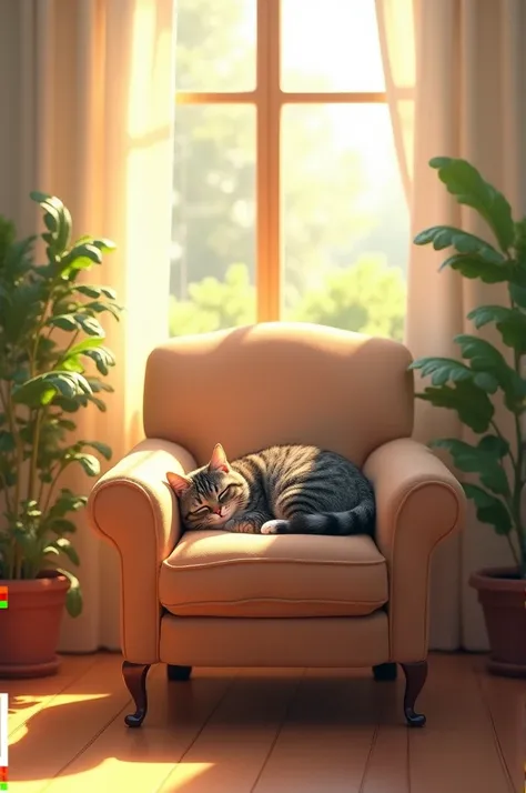 A cozy, sunlit room with a large, comfy armchair. On the armchair, a gray tabby cat is curled up peacefully, sleeping.